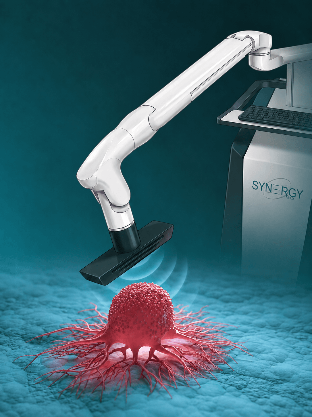SynergyMed applicator delivering focused thermal energy to a superficial tumor